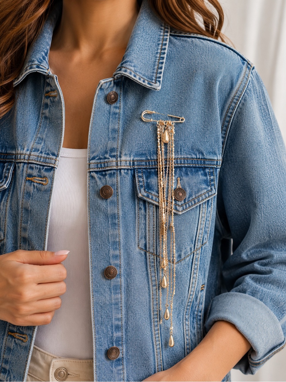 Gold Chain  Safety Pin Brooch womens jewelry